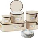 China Storage Hard Shell Containers 5-Piece Set Moving Boxes for Dinnerware, Glasses, Plates, Mugs and Saucers Sturdy Dish Organizer with Dividers for Seasonal Storage - Service for 12 - Beige Quilted