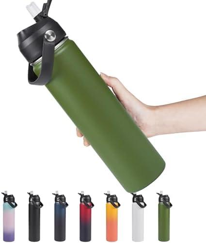 24oz Insulated Stainless Steel Water Bottle, Wide Mouth Double Wall Vacuum, Silicone Straw, Sweat & Leak Proof, BPA Free Insulated Water Flask for Travel, Keep Cold 24h Hot 12h, Green