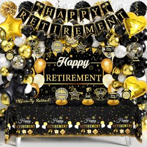 Retirement Party Decorations for Men Women 109Pcs Black Gold Happy Retirement Set Retired Banner Backdrop Balloons Sash Swirls Pompoms Tablecloth Honeycomb - Indoor Outdoor Reusable