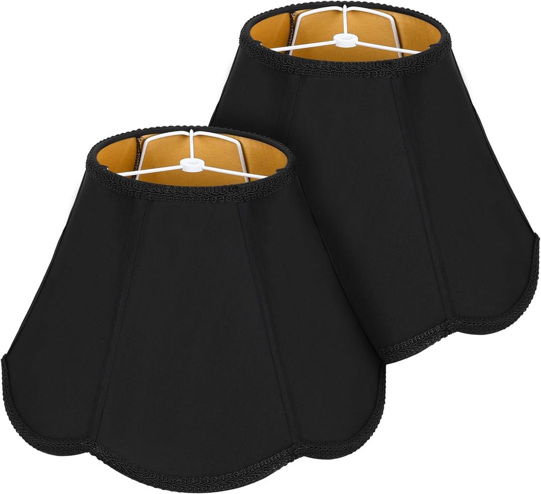 Bell Lamp Shades Set of 2, Scalloped Lamp Shades 7" Top x 14" Bottom x 10" Height, Lamp Shades for Table Lamps & Floor Light, Black Fabric Lampshades with Petal Edge Braid, Easy Assembly, Spider