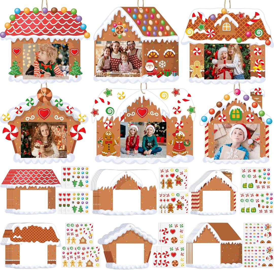 60 PCS Christmas Picture Frame Crafts Kit for Kids DIY Gingerbread House Photo Frame with Stickers Christmas Gingerbread Candy Picture Frames Ornament for Xmas Hanging Decor Home Classroom Activities