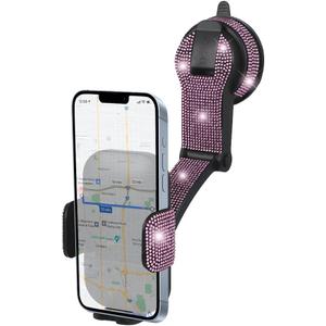 Bling Car Phone Holder, Rhinestone Suction Cup Vehicle Dashboard Cellphone Stand, Diamond Sparkle Automotive Interior Windshield Smartphone Mount, Universal for SUV, Sedan, Truck (Pink)