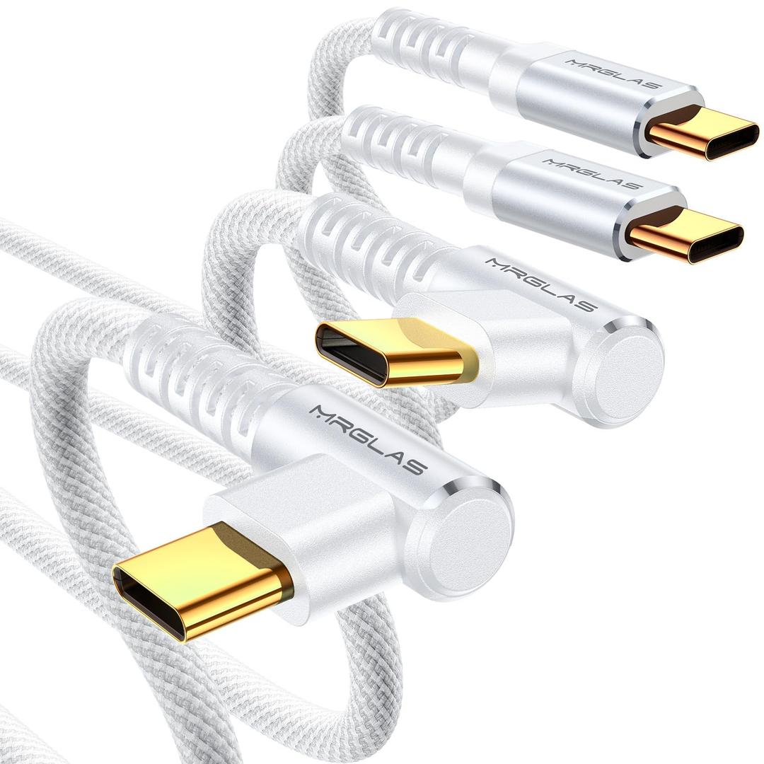 MRGLAS USB C to USB C Cable 60W 3.2A [2-Pack, 6.6+6.6FT] Type C Cable Right Angle Gold-Plated Nylon Braided Cord for iPhone 16 Pro Max 15 Plus Samsung S25 S24 S23 S22 iPad Pro MacBook (White)