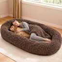 79"x44"x12.5" Human Dog Bed for Adult Faux Fur Washable Human Dog Bed Portable Handle, Egg Orthopedic Foam Human Bed Extra Large with Present Blanket Brown