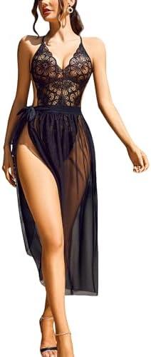 Avidlove Women One Piece Lingerie Deep V Lace Bodysuit Mosaic Lace Teddy Mesh Skirt size XL