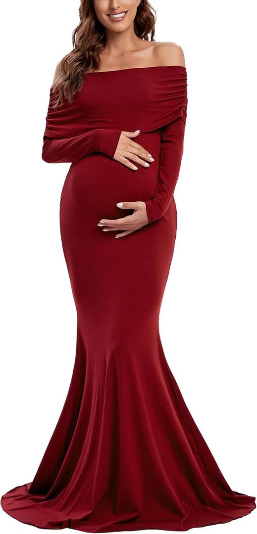Glampunch Off Shoulders Maternity Dress Long Sleeve Ruched Maternity Gown Baby Shower Photography Pregnant Dress (Small, Wine Red)