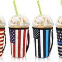 4Pack Reusable Iced Coffee Sleeve Insulator Sleeves for Cold Drinks Beverages, Neoprene Cup Holder for Most Coffee, Fits 22-24oz Medium Cups (American Flag with Handle)