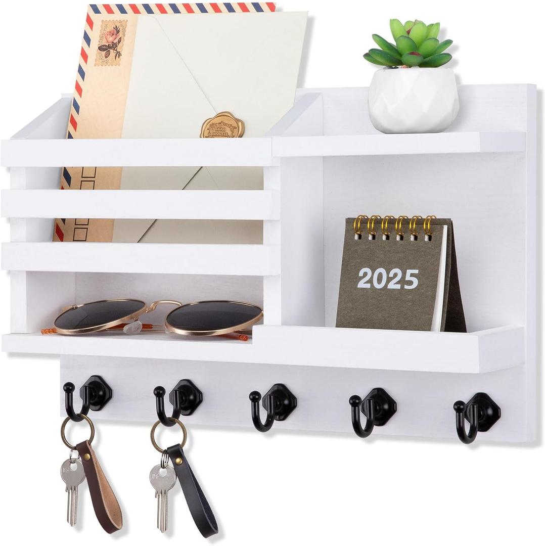 Nekon Key Holder for Wall, 11.8" x 7.8" x 3.1" Wooden Key and Mail Organizer Wall-Mounted, Key Rack with 5 Hooks for Entryway Hallway, Rustic Home Decor (White)