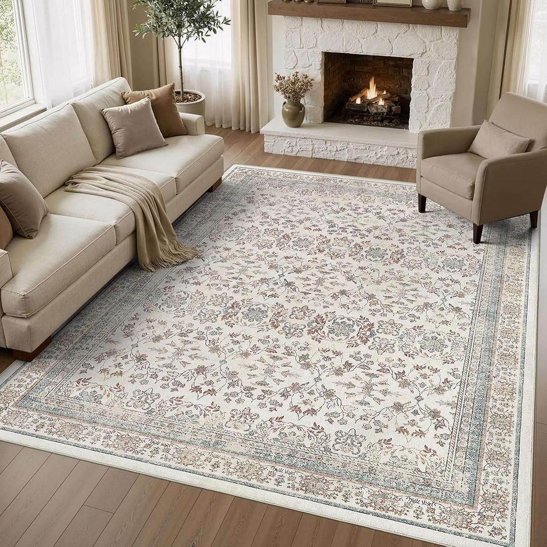 7x9 Area Rugs for Living Room - Washable Vintage Rug Retro Antique Dark Large Non Slip Low Pile Soft Boho Indoor Floor Carpet for Bedroom Dining Room Home Decor, Multi Color