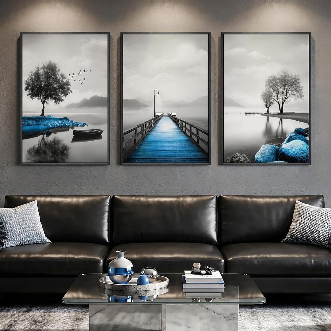 Framed Blue Black and White Lake Wall Art for Living Room, 3 Piece Large Landscape Prints Artwork for Walls, Modern Scenery Canvas Pictures Paintings for Dining Room Home Office Wall Decor, 24x36 Inch, 24"W x 36"L x 3 pcs
