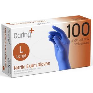 Caring Nitrile Exam Gloves, Blue, Powder-Free, Disposable Gloves for Medical Care, First Aid, Cleaning, Food Prep (Large (Pack of 100))