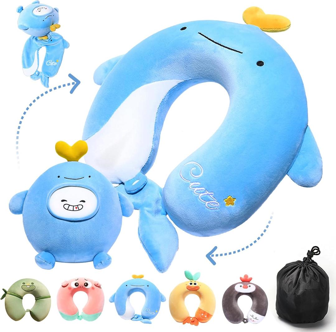 2-in-1 Deformable Kids Adult Neck Pillow for Traveling Soft U-Shaped Pillow with Adorable Animal Design Comfy Sleep Travel Accessories for Car Airplane TravelingWhale