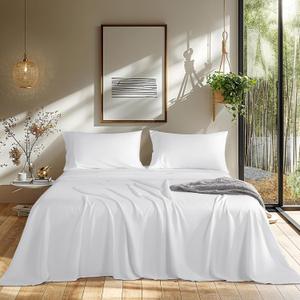 LBRO2M Cooling Bed Sheet 100% Viscose Derived from Bamboo Sheet Set 4 Piece Queen Size,Fit Up to 16" Deep Mattress, 1800 TC Sheet Super Soft Silky Smooth, Breathable Cool Bedding (Queen White)
