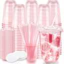 16oz Disposable Stemless Glasses with Flat Lids and Straws,PET Disposable Drinking Cups,Clear Plastic Wine Glasses for Parties Birthday,Wedding,Meeting,Christmas Party Supplies. (100, Pink)