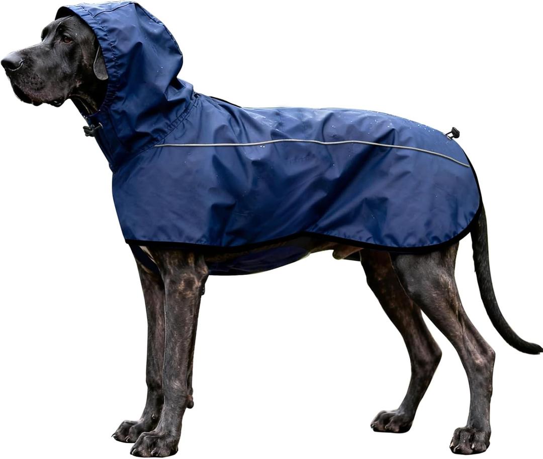 Mosucoirl Dog Raincoat Jacket Reflective Adjustable Hooded Pet Poncho Rain Coats with Leash Hole Waterproof Clothes for Small Medium Large Dogs (Navy Blue, L)