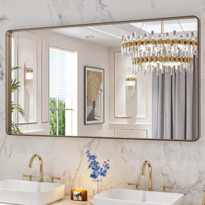 LOAAO 55X30 Bronze Bathroom Mirrors for Vanity, Rounded Rectangle Brushed Bronze Metal Frame Mirror, Anti-Rust, Tempered Glass, Hangs Horizontally or Vertically