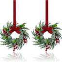2Pcs Christmas Wreath, 10 Inch Mini Wreaths for Kitchen Cabinets, Christmas Door Wreath, Small Christmas Wreath for Fireplace Window Farmhouse Indoor Home Decorations