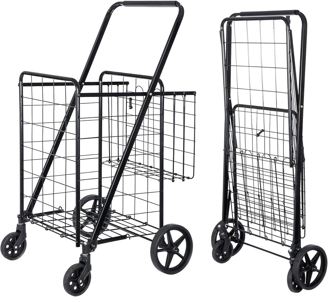 SUPER DEAL Folding Shopping Cart with Wheels and Double Basket for Groceries Laundry Book Luggage Travel, Black