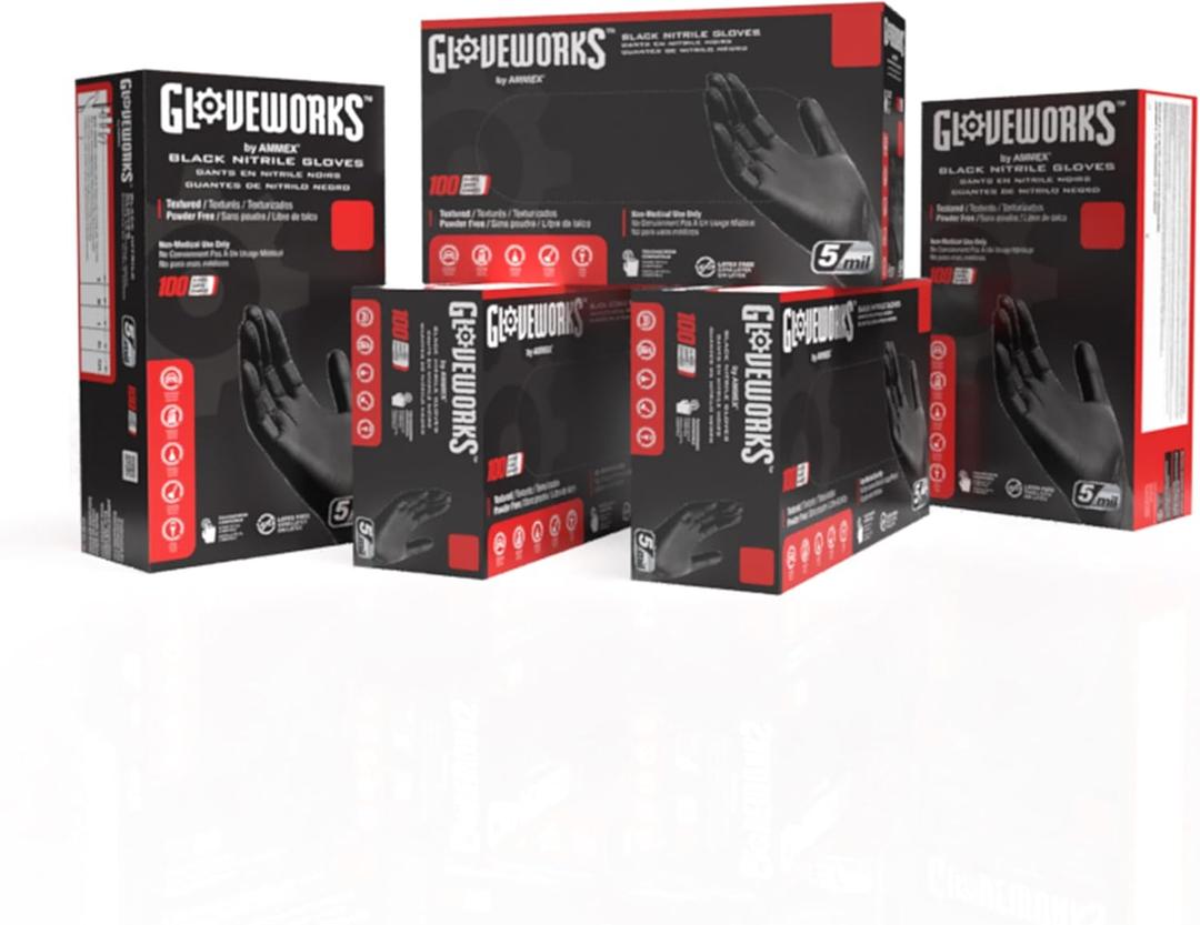 GLOVEWORKS Black Nitrile Gloves Disposable Latex Free, 5 Mil Industrial, For Mechanic, Cleaning, Cooking, Kitchen, Food Grade