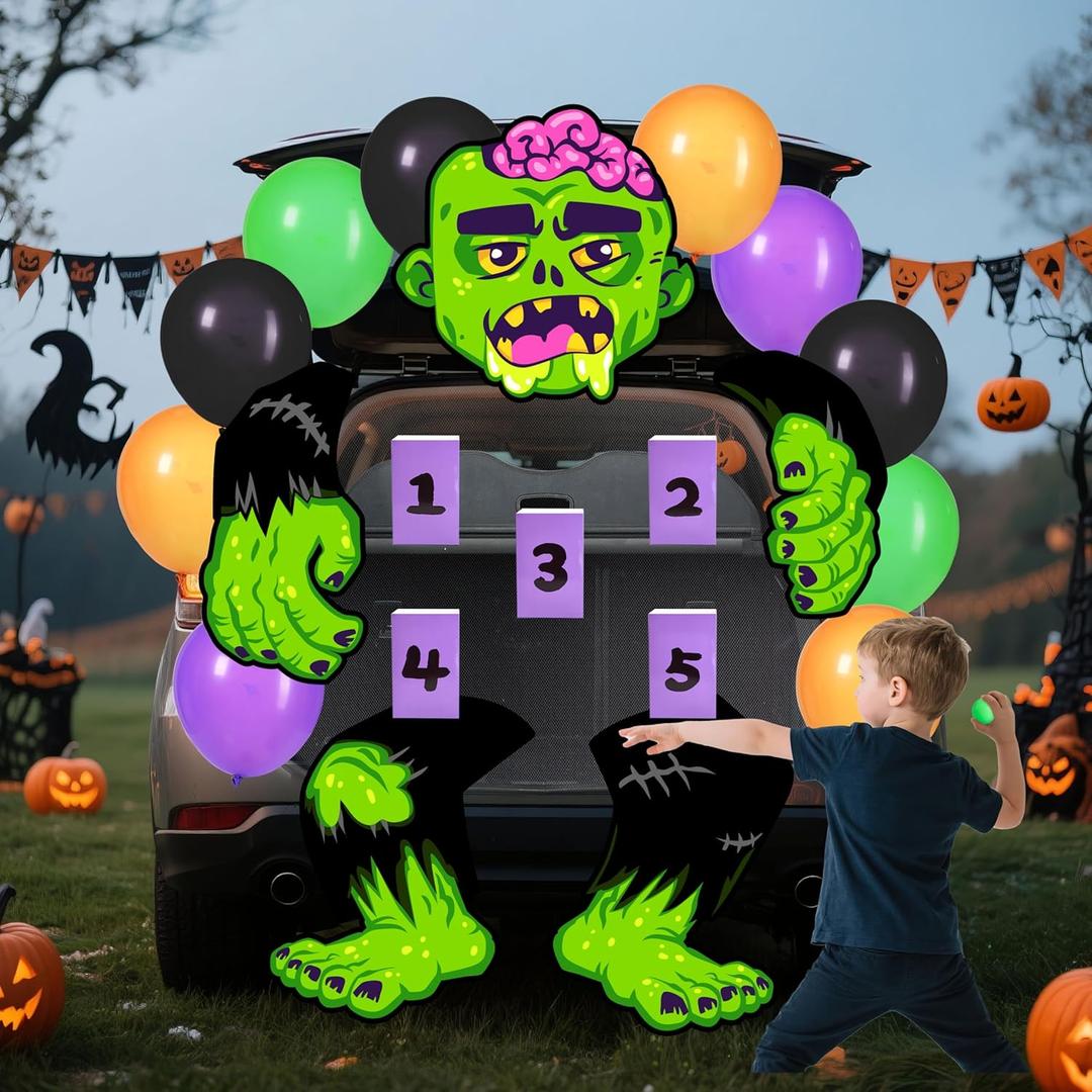 JOYIN Halloween Trunk or Treat Kit Zombie Toss Game Theme Decorations, Large Scary Green Zombie Toss Cornhole with Balloons and Sandbags, Halloween Car Decorations for SUV, Garage Door, Party Supplies