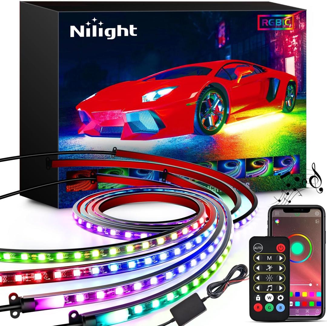 Nilight 4Pcs Car Underglow Neon Accent Strip Lights 256 LEDs RGBIC Multi Color DIY Sound Active Function Music Mode with APP Control and Remote Control Underbody Light Strips,