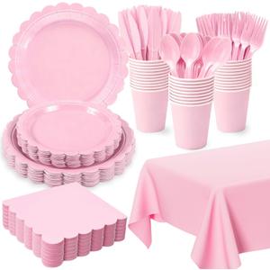 176 PCS Pink Party Decorations - Light Pink Scalloped Plates, Napkins, Cups, Cutlery, Tablecloth for Baby Shower, Wedding, Birthday Party Decorations, Serves 25