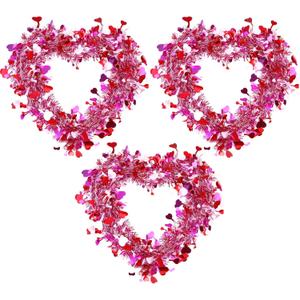 Chuangdi 3 Pcs Valentine Heart Wreaths for Front Door, 14 Inch Valentines Day Decorations with Heart Tinsel Foil Love Hanging Gift for Anniversary Wedding Party Wall Window Mantel Decor (Pink)