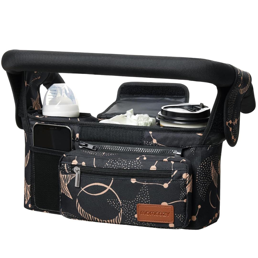 Momcozy Universal Baby Stroller Organizer, 2 Insulated Cup Holder, Detachable Zippered Pocket, Adjustable Shoulder Strap, Large capacity for baby essentials, Compact Design Fits Any Strollers (Starry)