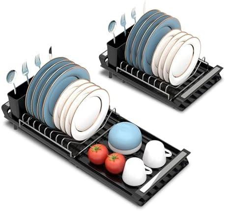 Pukomc Small Extendable Dish Drying Rack, Adjustable Dish Rack, Stainless Steel & Removable Cutlery Holder, for Compact Sink or Countertop Plate Rack, Space-Saving Collapsible Dishes Holder,Black