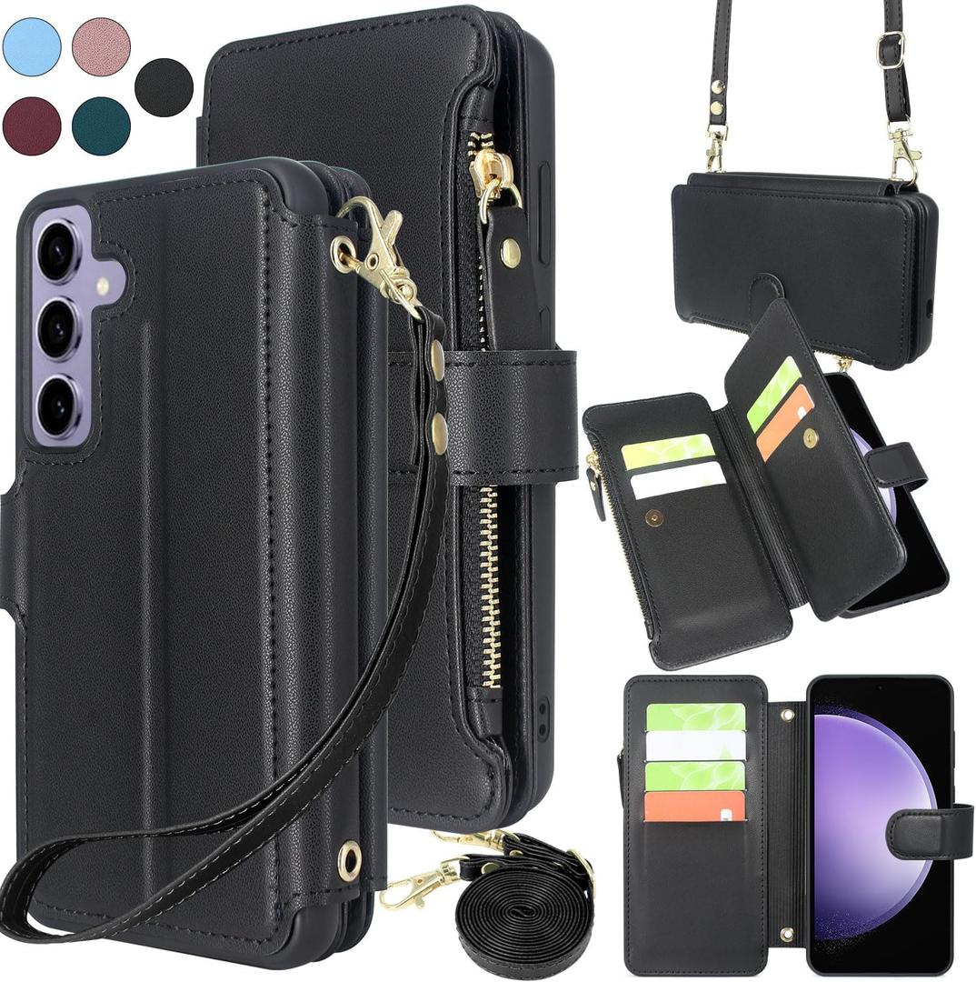 Harryshell Crossbody for Samsung Galaxy S23 FE 5G Case Wallet [8 Card Slots] with [Theft-Scan Blocking],Cash Coin Zipper Pocket Long Shoulder & Wrist Strap for S23Fe (Black)