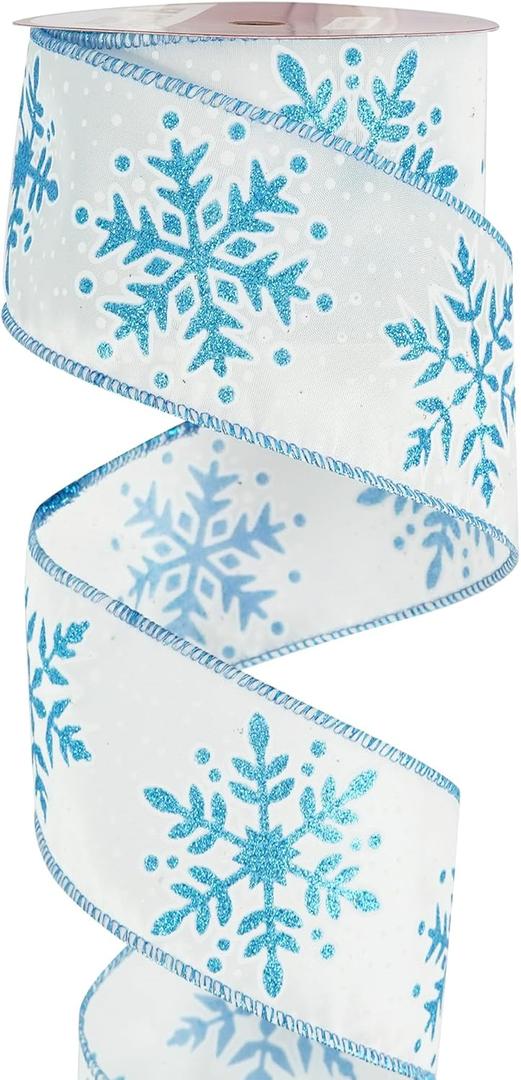 MEEDEE 2.5 Inch White Ribbon with Blue Glitter 10 Yards Wired Snowflake Ribbons Blue and White Ribbon for Christmas Tree, Winter Holiday Decor, Garlands, Wreaths, Gift Wrapping