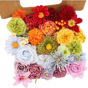 Artificial Flowers Combo Box Set, 38pcs Mix Flowers Dahlia Silk Roses, Daisy & Hydrangea with Stems for DIY Wedding Bouquets, Bridal Shower Centerpieces, Party & Home Decor, Floral Arrangement (Rainbow)
