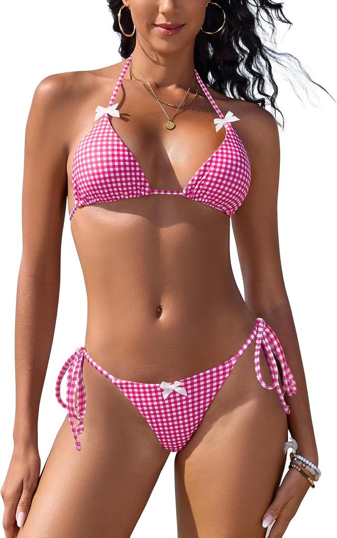 SHEKINI Women's Sexy Two Piece Swimsuits Gingham Print Bow Front Bikini Halter Tie Swimwear Triangle Bikini Set (Medium, Pink Plaid)