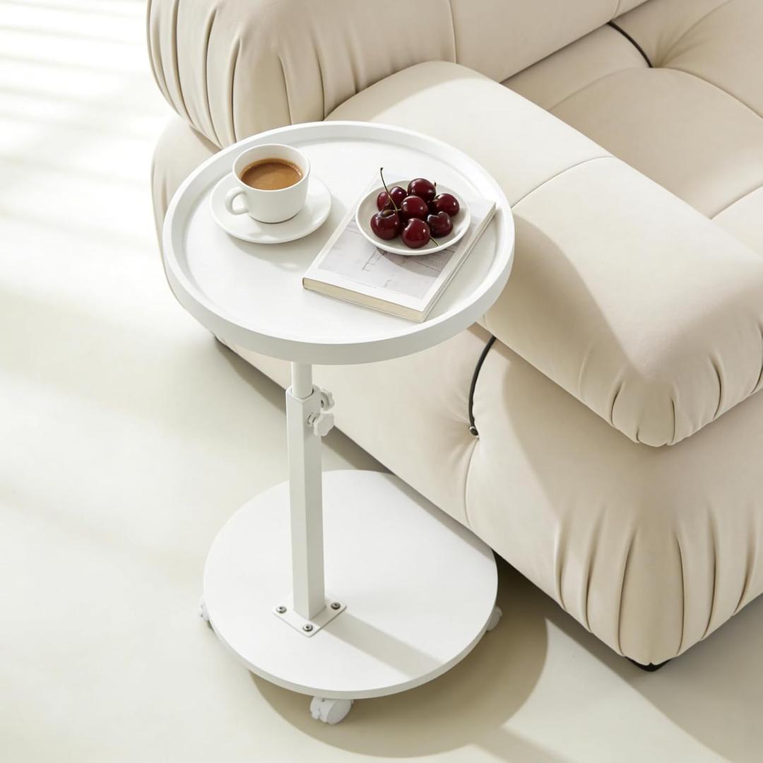 C Table End Table Adjustable Height, Couch Tables That slide under for Small Spaces, 360°Swivel TV Tray Table, C Shaped Side Tables Living Room and Bedroom for Sofa, Bed, Chair, Snack (White Color), No