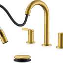 KENES Brushed Gold Pull Down Bathroom Faucet, 8 Inch 2 Handle Widespread Bathroom Faucet 3 Hole with Pull Out Sprayer, Bathroom Sink Faucet with Pop Up Drain & Supply Lines LJ-9068-4