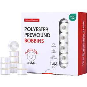 Poolin Prewound Bobbins Richword Selected 144pcs, Size A (Class 15 / SA156), 75D Polyester Bobbin Thread, Plastic Sided, for Single Needle Embroidery & Sewing Machines, White