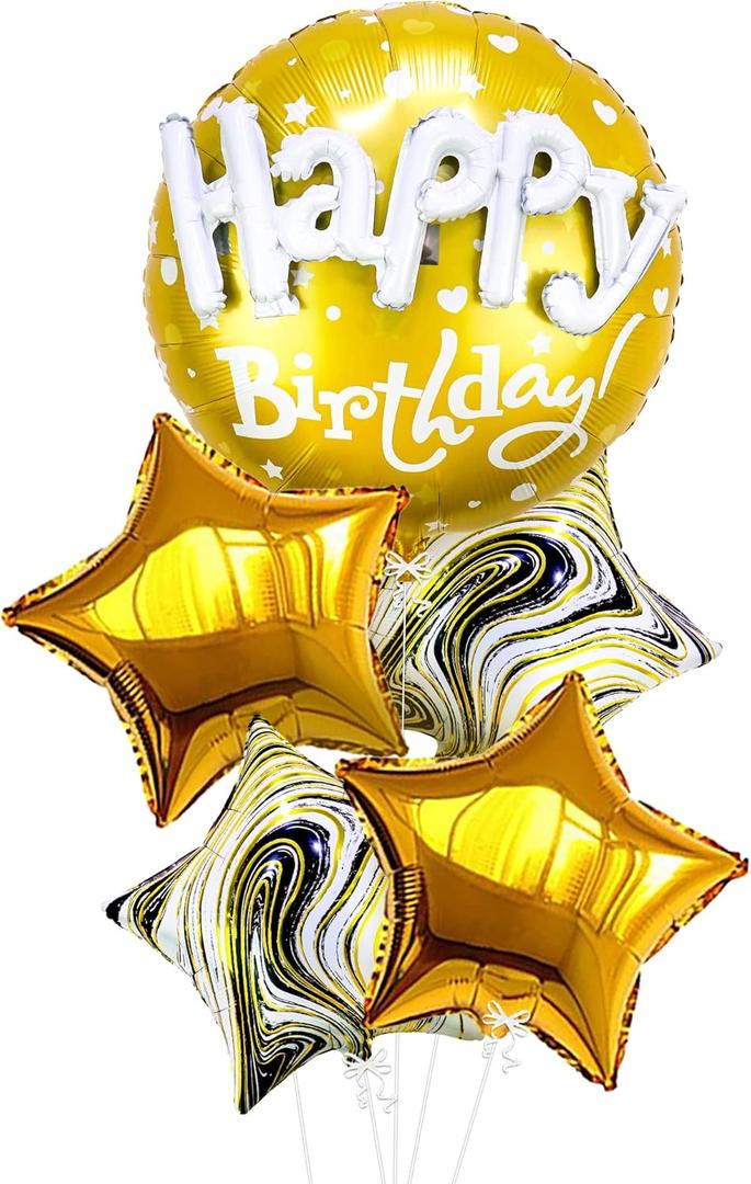 KatchOn, Gold Happy Birthday Balloon Set - 23 Inch, Big, Pack of 5 | Happy Birthday Mylar Balloons, Golden Birthday Balloons | Gold Party Decorations, Golden happy Birthday Decorations