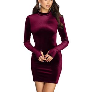 Mizoci Women's Sexy Bodycon Long Sleeve Elegant Velvet Mock Neck Mini Club Party Dress (Wine Red, XL)