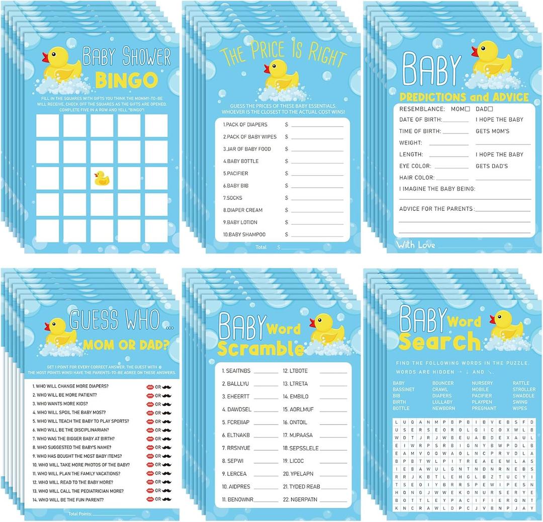 Jetec 302 Pcs Yellow Rubber Duck Theme Baby Shower Games, 6 Games, 50 Sheets Each - Baby Shower Bingo, Word Scramble, Word Search, Baby Predictions and Advice, The Price is Right, Guess Who