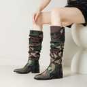 YIYA Women's Camouflage Slouchy Knee High Boots Square Toe Chunky Flat Heel Riding Combat Tall Pull On Boots (4, Brown)
