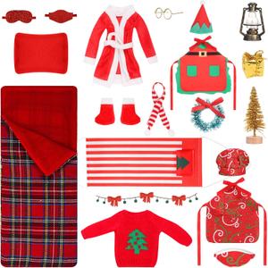 20 Pcs Christmas Elf Accessories Kit Doll Clothes Accessories Sleeping Bag Elf Accessory Include Elf Sleeping Bag Apron Chef Hat Sweater Scarf Glasses Bathrobe Shoes Hammock for Elf Doll Decor