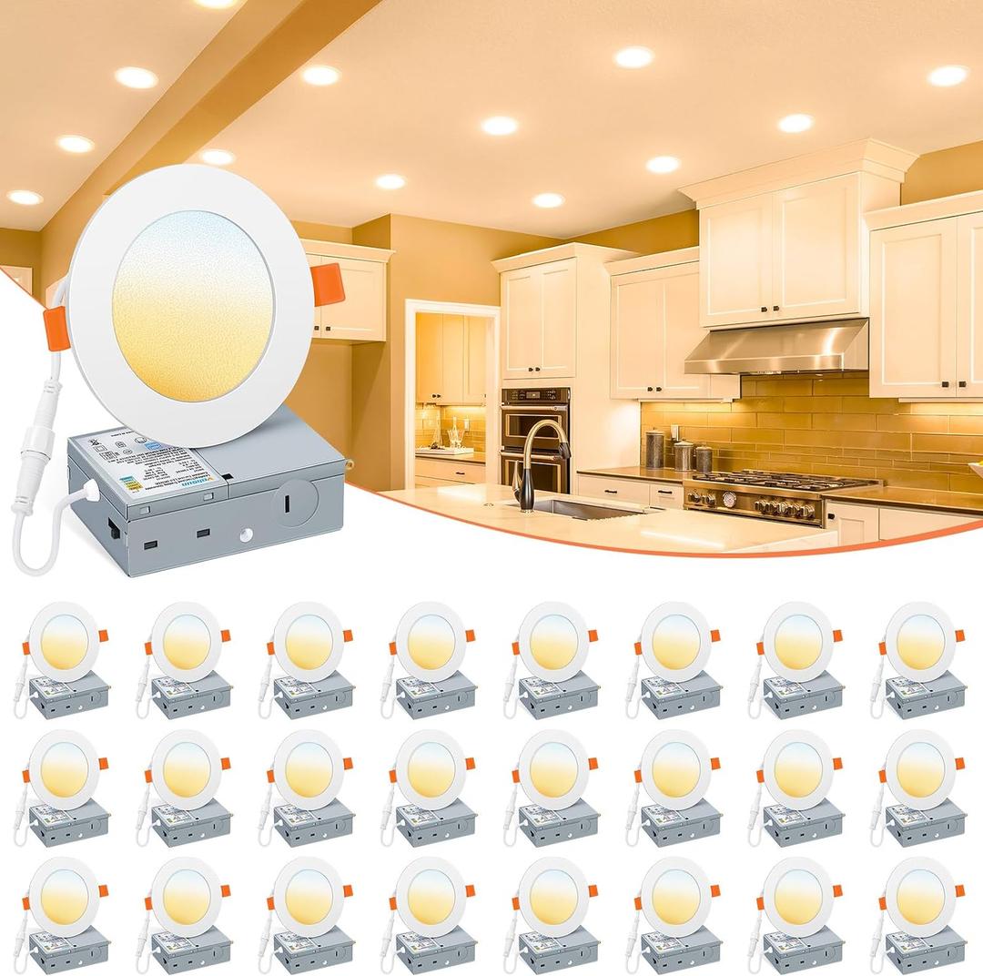 VOLISUN 24 Pack 4 inch Recessed Lighting, 5CCT Ultra-Thin LED Recessed Light with Junction Box, 2700K-5000K Selectable, 810Lumen Dimmable Canless Wafer Downlight, LED Ceiling Light ETL Certificated (White)