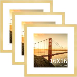 YESKAY 16x16 Picture Frame 3 Pack - Gold Poster Frame Display Pictures 12x12 with Mat or 16 x 16 Without Mat for Wall Hanging Horizontal and Vertical
