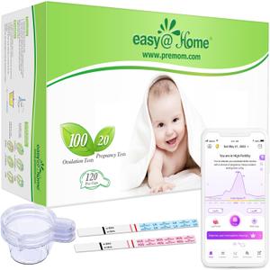 Easy@Home 100 Ovulation Test and 20 Pregnancy Test Strips, FSA Eligible Ovulation Test Kit Powered by Premom Ovulation Predictor Free APP,100LH + 20HCG + 120 Urine Cups-Package May Vary