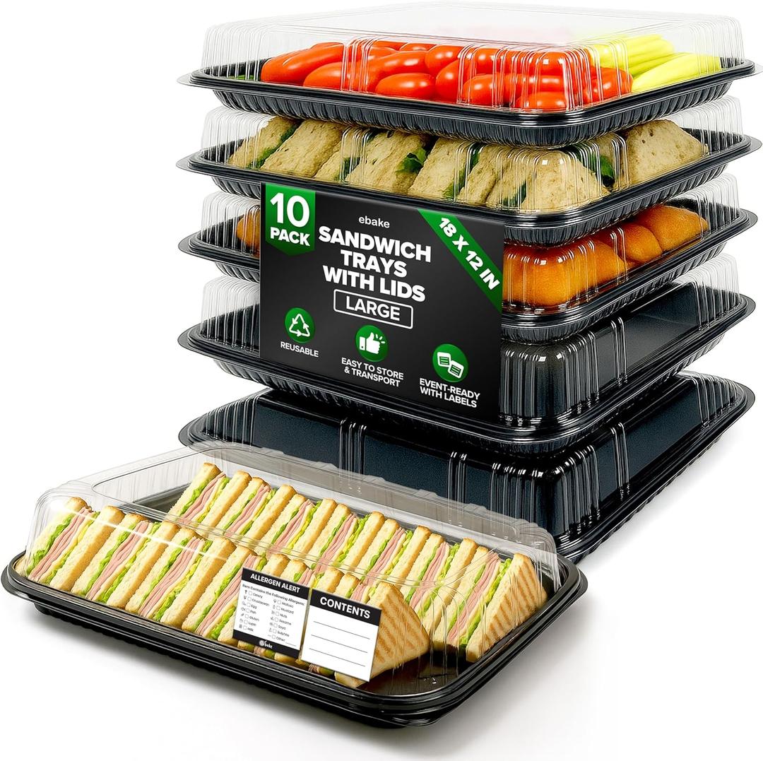 10 Pack Catering Trays with Lids 17" Serving Tray with Lid, Heavy Duty Recyclable Plastic Party Platters for Catering, Buffet, Picnics & Events Food Tray with Clear Lid (17.72 x 12.20 x 2.95 inch)