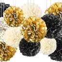 4 pcs Gold Black Hanging Tissue Paper Pom Poms,Pompoms Flowers for Ceiling Party Decorations