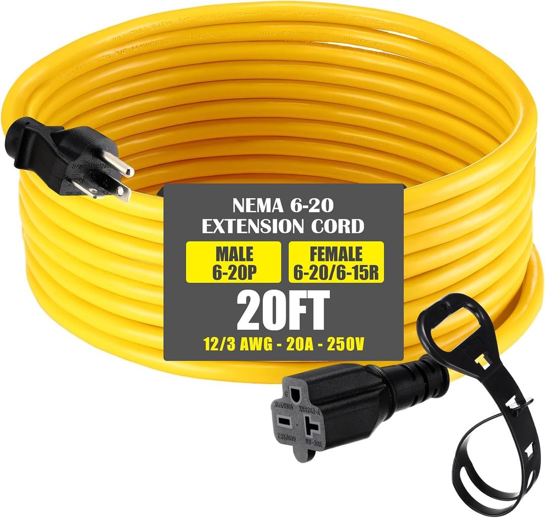 20 ft Nema 6-20 Extension Cord, Nema 6-20p Male Plug to 6-20r/6-15r Female Receptacle, 20 Amp T-Blade Outlet Extension Power Cord with Waterproof Sockets, Heavy Duty 12/3 Awg, 250v, 5000w