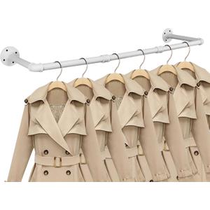 Industrial Iron Pipe Clothes Hanging Bar DIY Wall-Mounted Garment Rack Heavy Duty Clothing Rack for Bedroom, Laundry Room, Closet Storage (White 36 inch) White