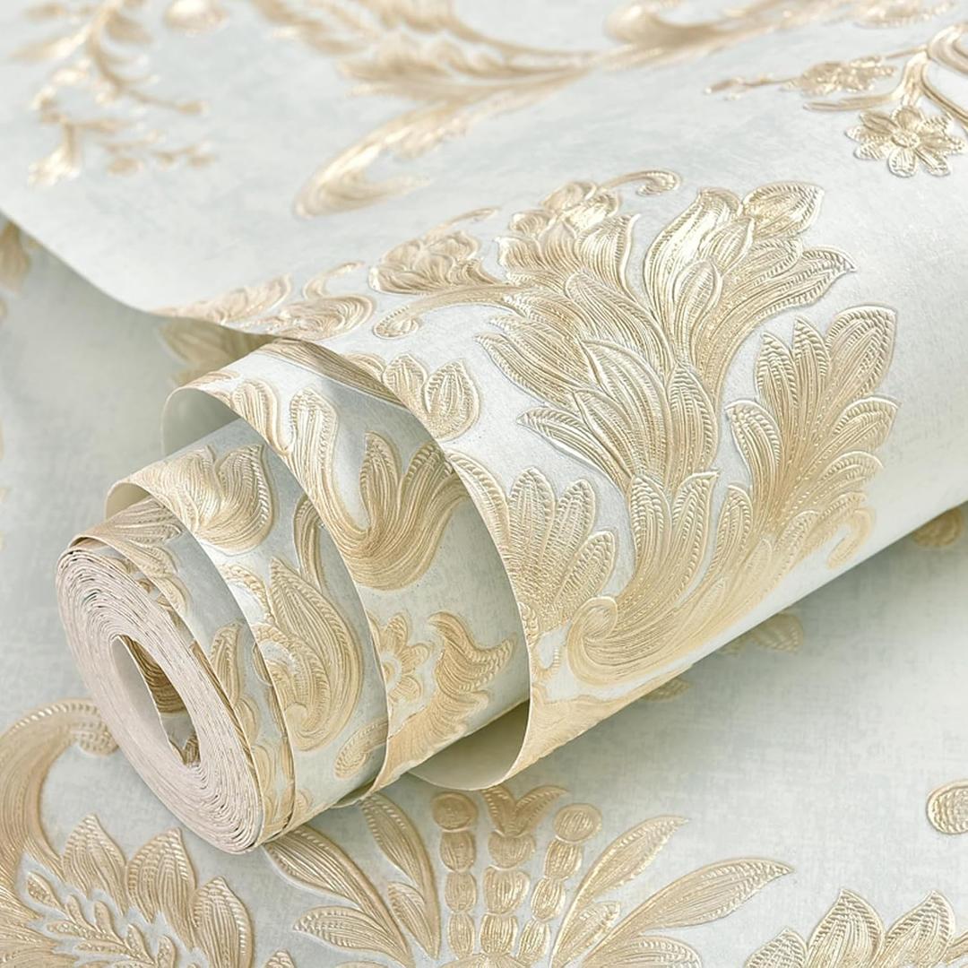 Non-Woven Peel and Stick Damask Wallpaper 3D Embossed Removable Stick and Peel Wallpaper Vintage Floral Self Adhesive Contact Paper Decorative for Living Room Bedroom Wall 20.8" x 197" (Light Blue)