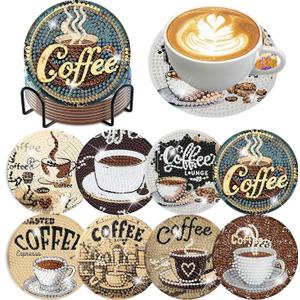 Ekuxom 8 PCS Coffee Diamond Art Coasters Kits with Holder, Diamond Painting Coasters Kits, Non Slip DIY Crafts Art Coaster Kit for Home Decor